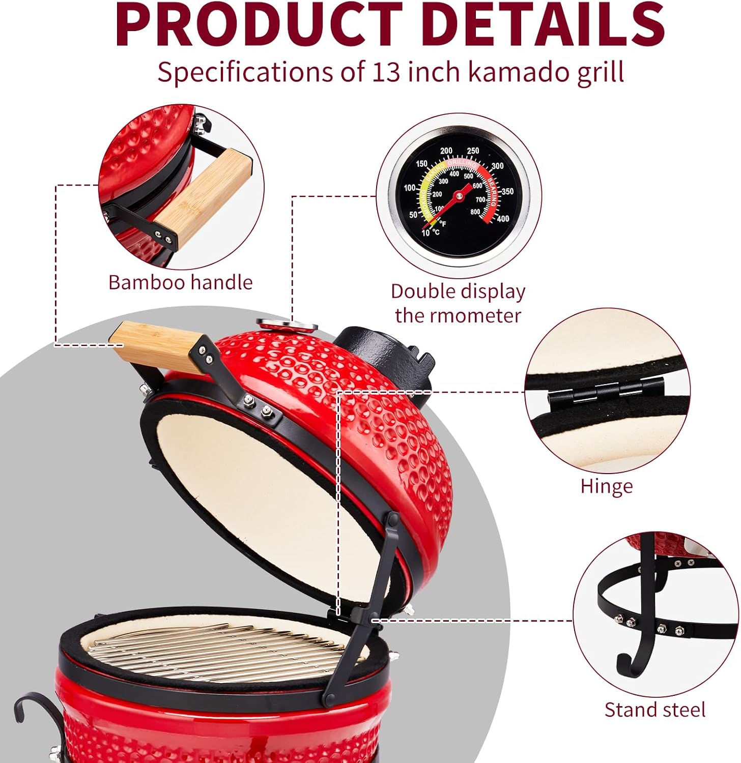 Outvita 13' Round Kamado Charcoal Grill, Portable Ceramic Barbecue Grill with Thermometer for Variations on Cooking Methods(Red)