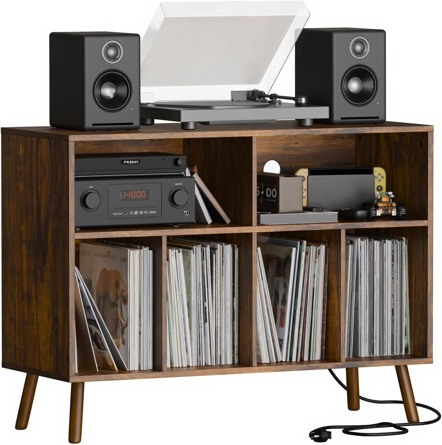 Cozy Castle Record Player Stand with Vinyl Storage Cabinet, Wood Turntable Table Open Shelf Holder Up to 350 Albums Cube Storage Organizer for Living Room, Office, Rustic Brown
