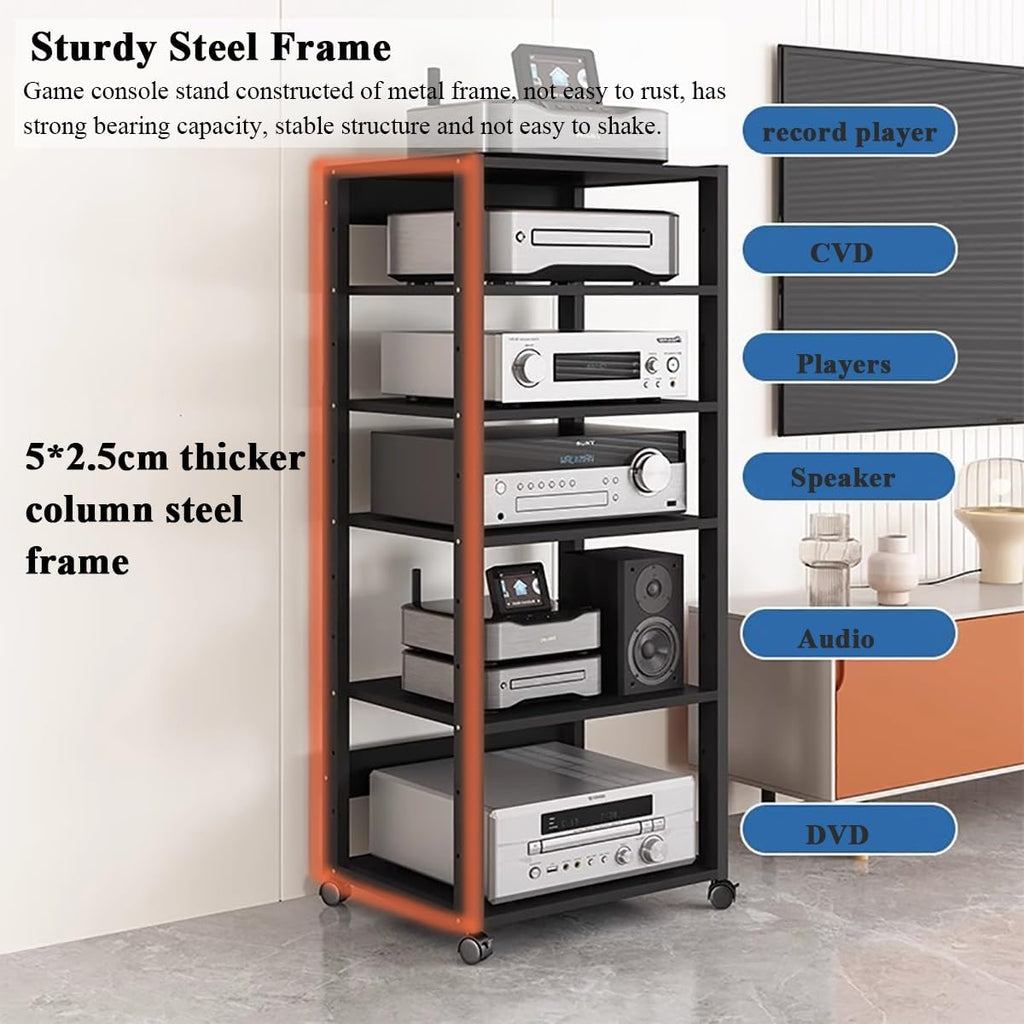 7 Tier 55 Inch Tall Audio Equipment Rack Rolling Cart, Large Stereo Cabinets Turntable Record Player Shelf Av Media Tower with Storage, Office Home Bedroom Living Room,Black,7 Tier
