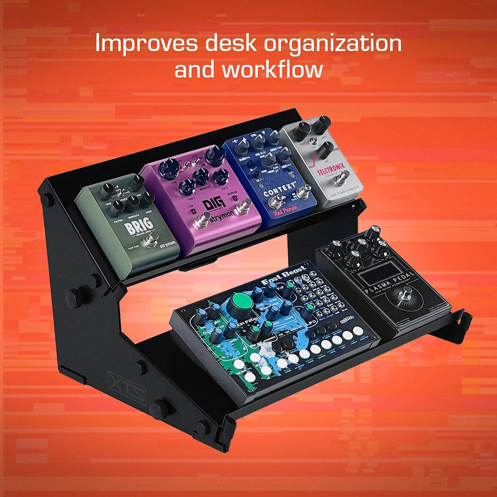 XTS Mini Duo-Flex Desktop Stand, 2 Tiers with Trays for FX Pedals / Synths / Audio Interfaces / MIDI Controllers, Holds 2-4 Pedals or Machines on Each Tier, 15.5' Width, Fits Elektron Digitakt / Digitone / Octatrack & More