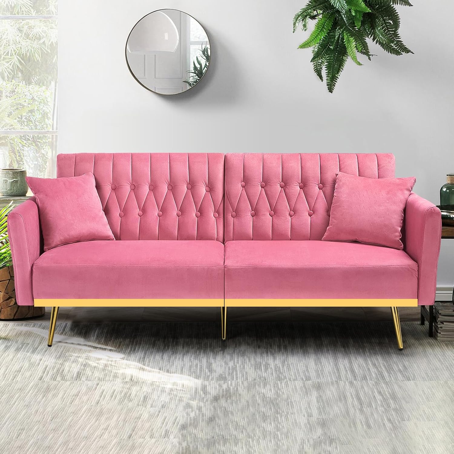 70' Velvet Futon Sofa Bed with 2 Pillows and Adjustable Armrests, Convertible Sleeper Bed, Modern Loveseat for Living Room, Bedroom, Pink