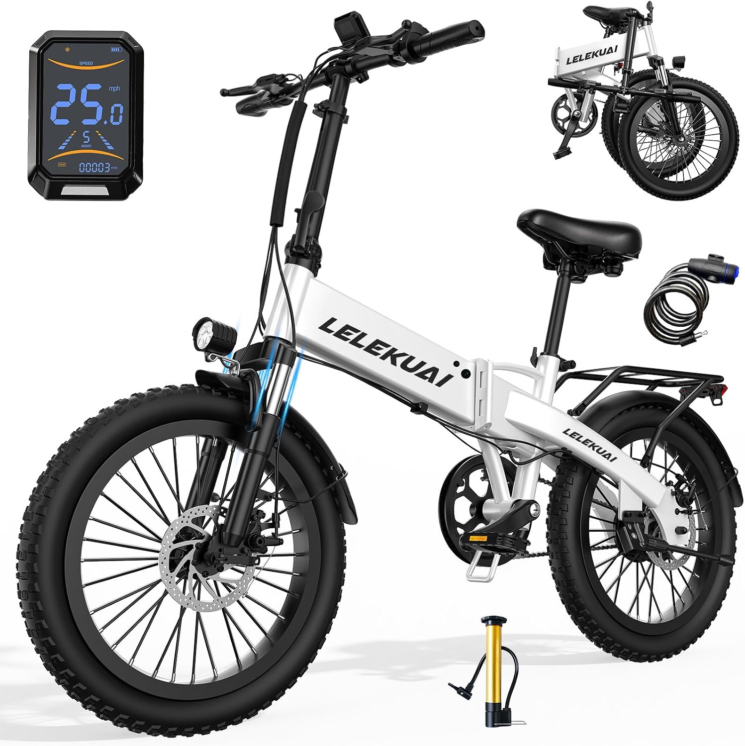 LELEKUAI Electric Bike for Adults and Teens, 520W-560W Motor, 20-24MPH, 32 Miles Range, 48V 10Ah Battery, 3-Level Pedal Assist, 14' Foldable Mini Electric Bicycle, UL 2849 Certified