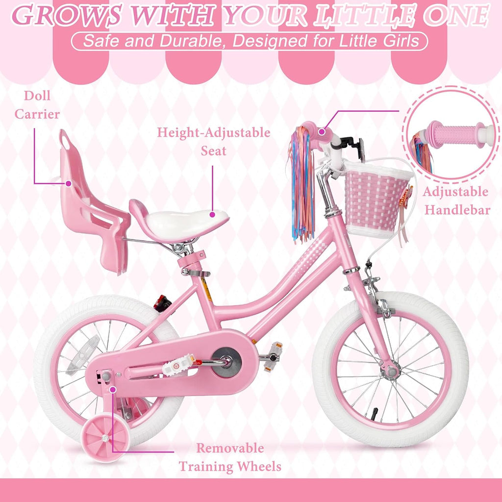 Glaf Toddler Girls Bike for Age 2-9 Years Old 12 14 16 Inch Girls Bike with Training Wheels and Doll Seat Kids Bike Bicycle with Basket