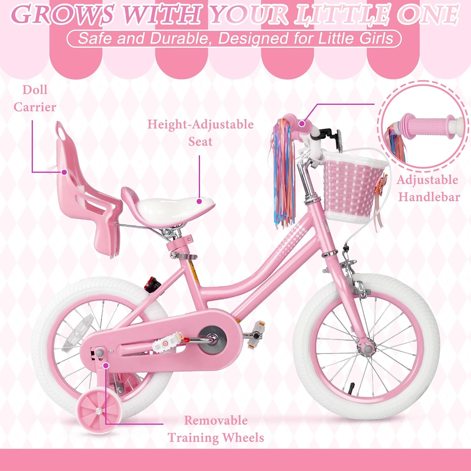 Glaf Toddler Girls Bike for Age 2-9 Years Old 12 14 16 Inch Girls Bike with Training Wheels and Doll Seat Kids Bike Bicycle with Basket