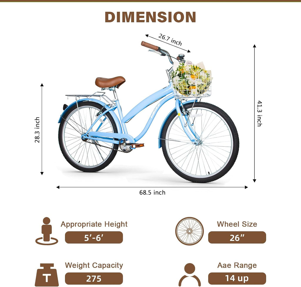 WEIZE Beach Cruiser Bike, 24 & 26 inch Commuter Bicycle for Adult Men and Women,High-Carbon Steel/Front & Rear Fenders, Comfortable City Bikes with Rear Rack or Basket, Ergonomic Upright Design
