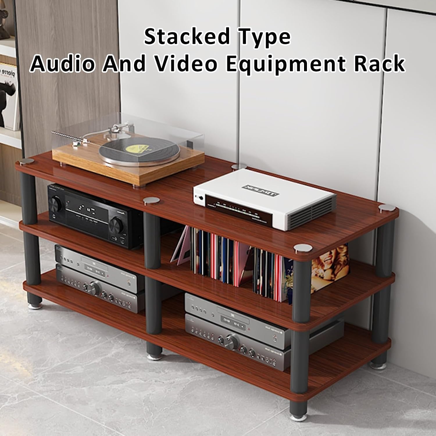 4-Tier Corner AV Media Stand - Stereo Audio Rack & Entertainment Tower Shelf for Video Game Consoles, Deep Black Storage Cabinet (120x40x70cm)