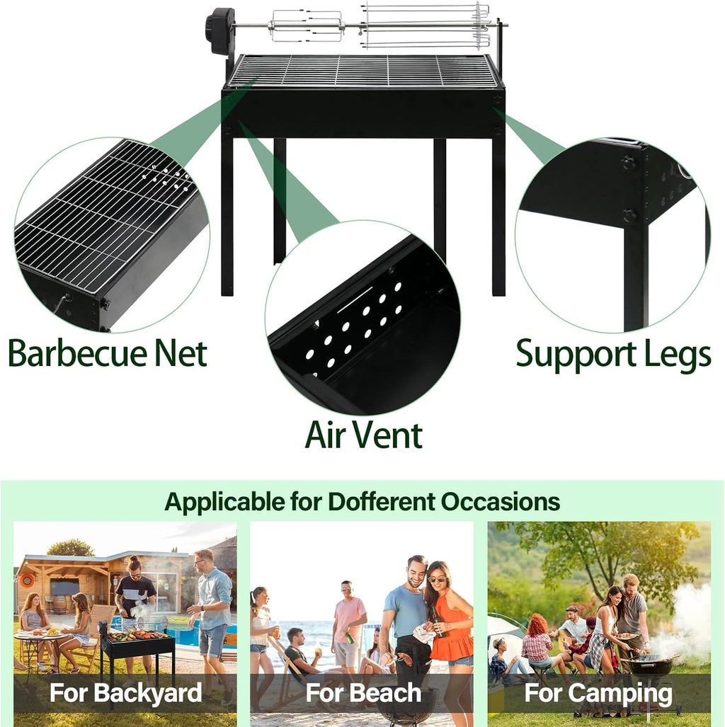 ptlsy Rotating Barbecue Charcoal Grill with Rotisserie Meat Forks & 6-Piece Skewer Set for Outdoor Cooking Camping Hiking Picnics Tailgating Backpacking or Any Outdoor Event