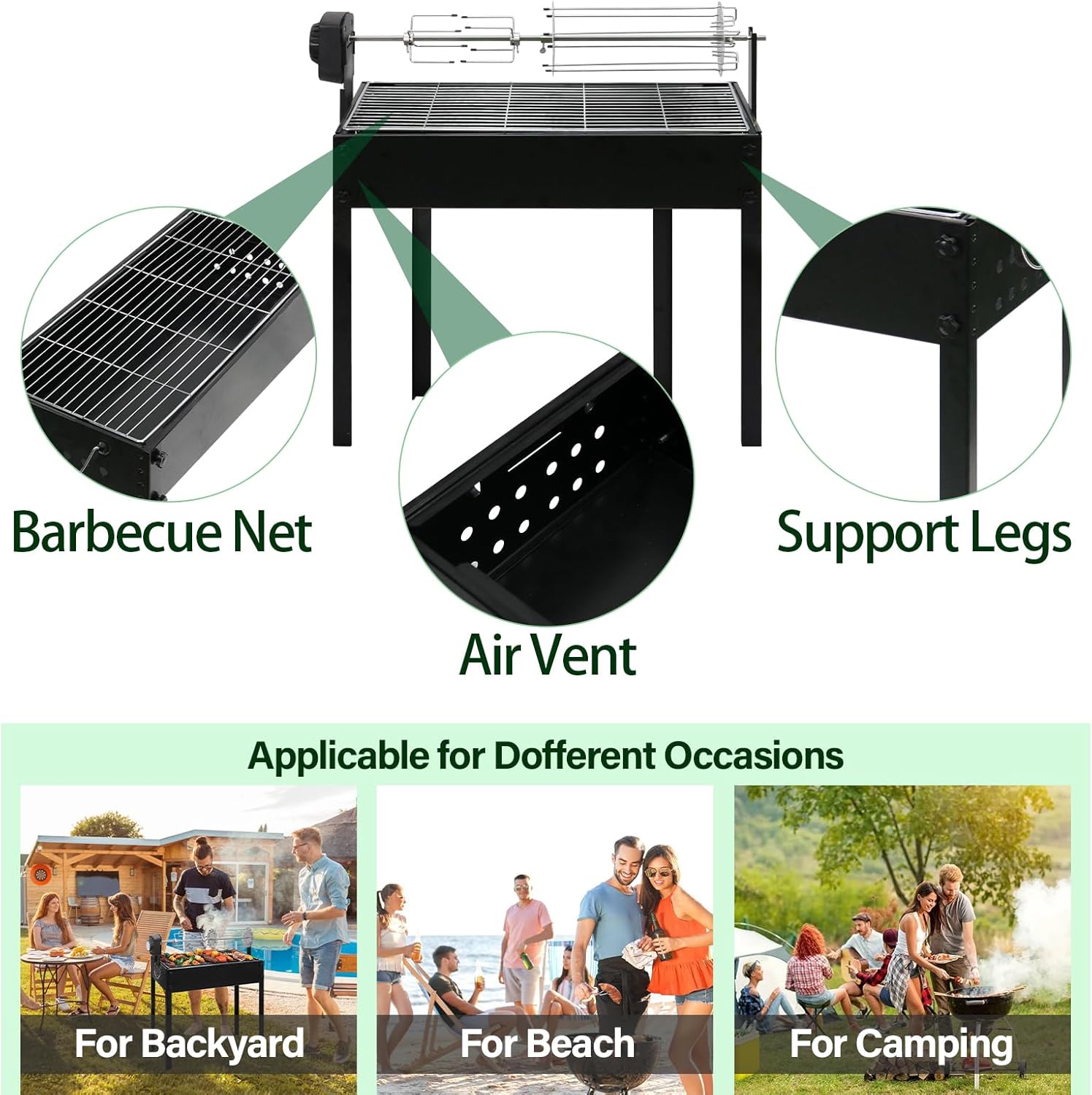 ptlsy Rotating Barbecue Charcoal Grill with Rotisserie Meat Forks & 6-Piece Skewer Set for Outdoor Cooking Camping Hiking Picnics Tailgating Backpacking or Any Outdoor Event