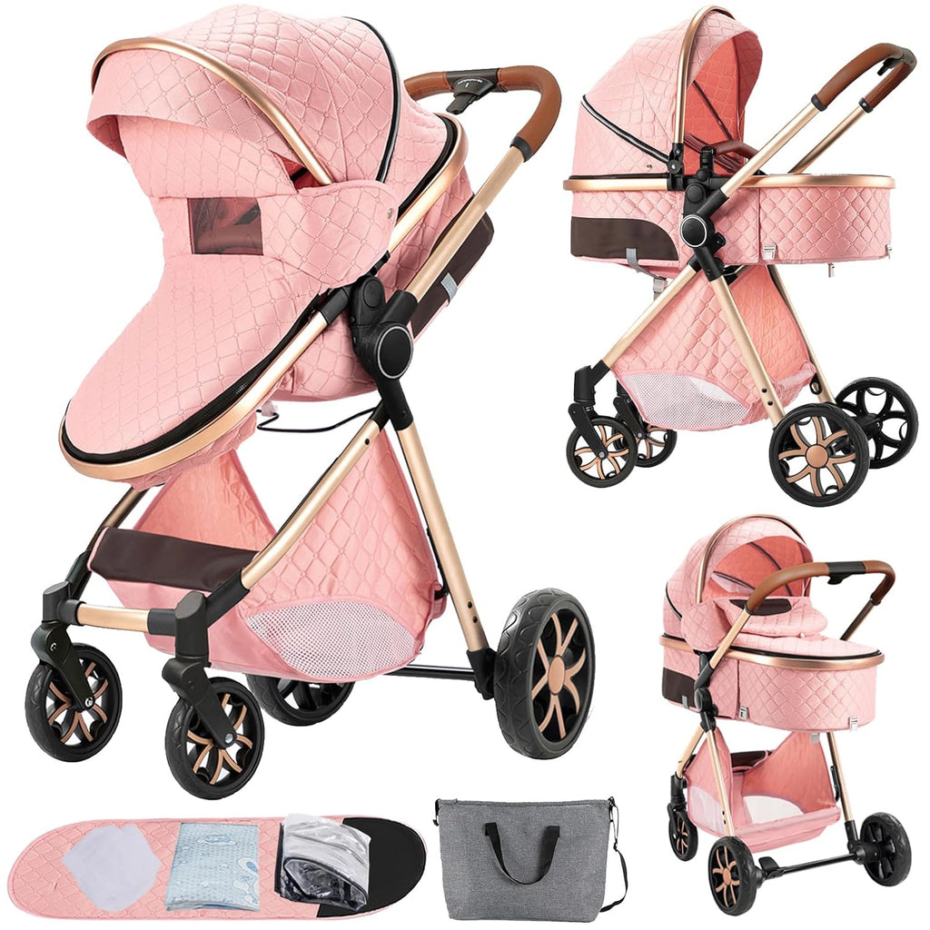 Nine point nine 2 in 1 Baby Stroller, Reversible Convertible Infant Stroller of One-Click Folding, Newborn Travel Strollers Toddler Standard Pram Carriage (225 Pink)