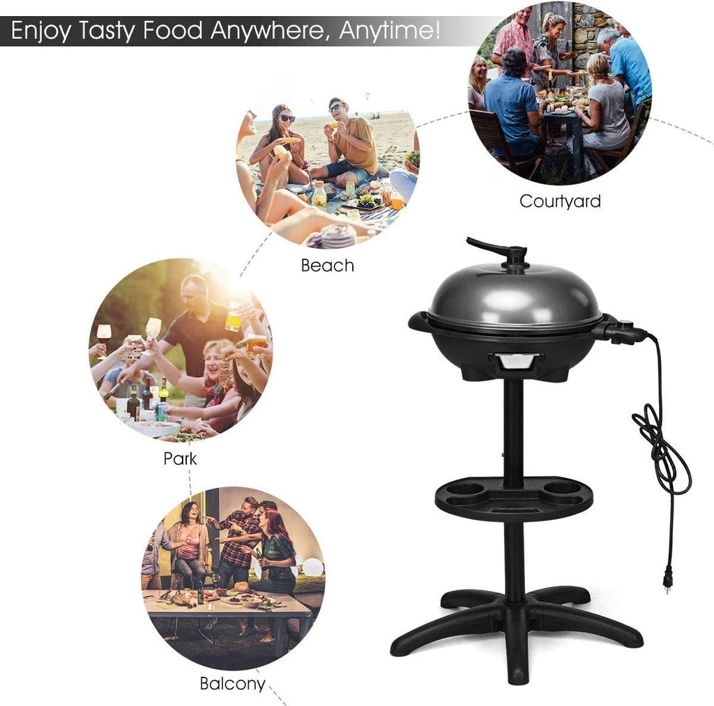 Happygrill Electric Grill Outdoor, 1350W Portable BBQ Grill w/Non-stick Griddle Plate, Temperature Control, Drip Tray, Temperature Control for Patio Camping (Black, 24.5'' Dia x 38.5'' H)