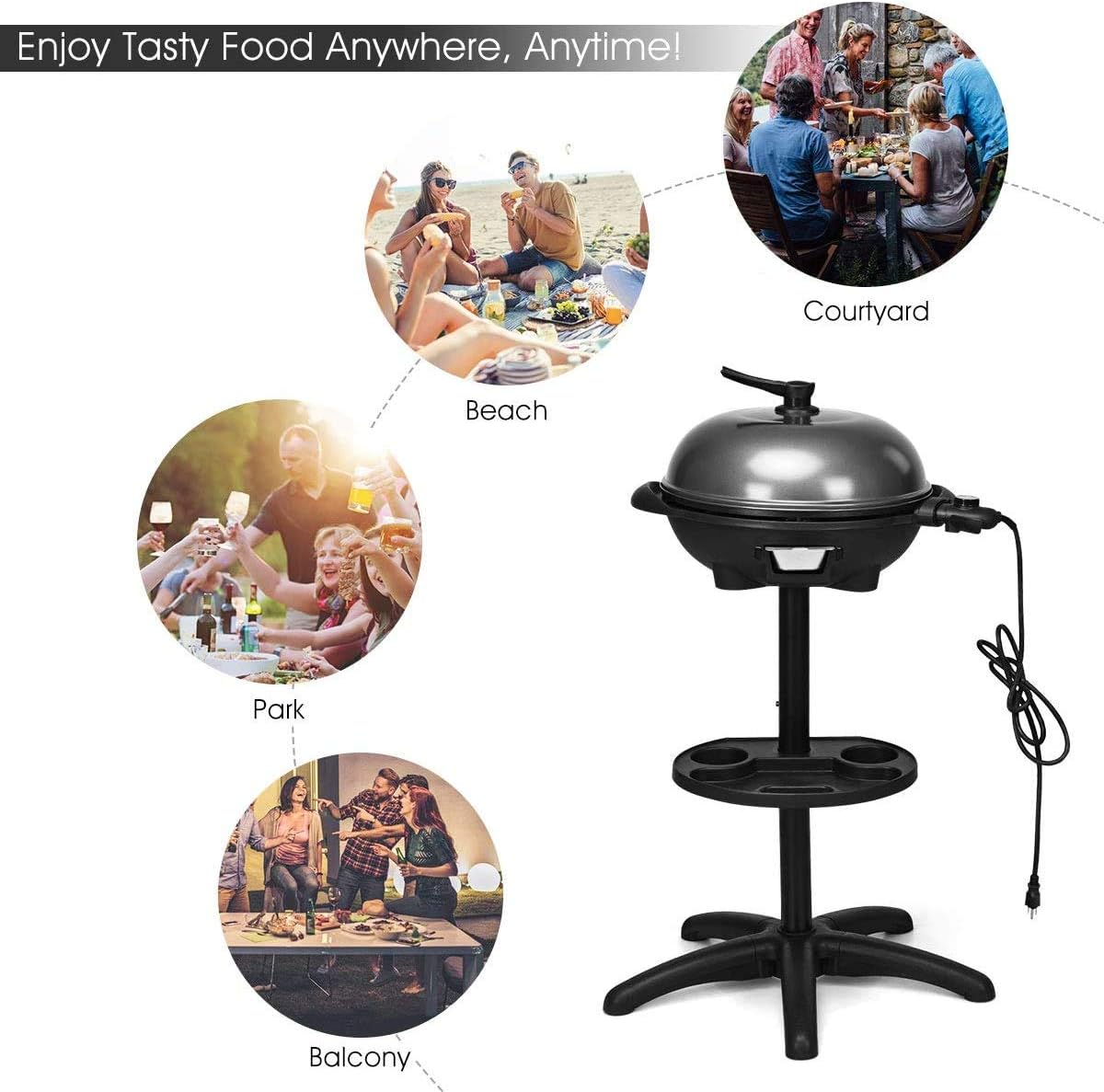 Happygrill Electric Grill Outdoor, 1350W Portable BBQ Grill w/Non-stick Griddle Plate, Temperature Control, Drip Tray, Temperature Control for Patio Camping (Black, 24.5'' Dia x 38.5'' H)