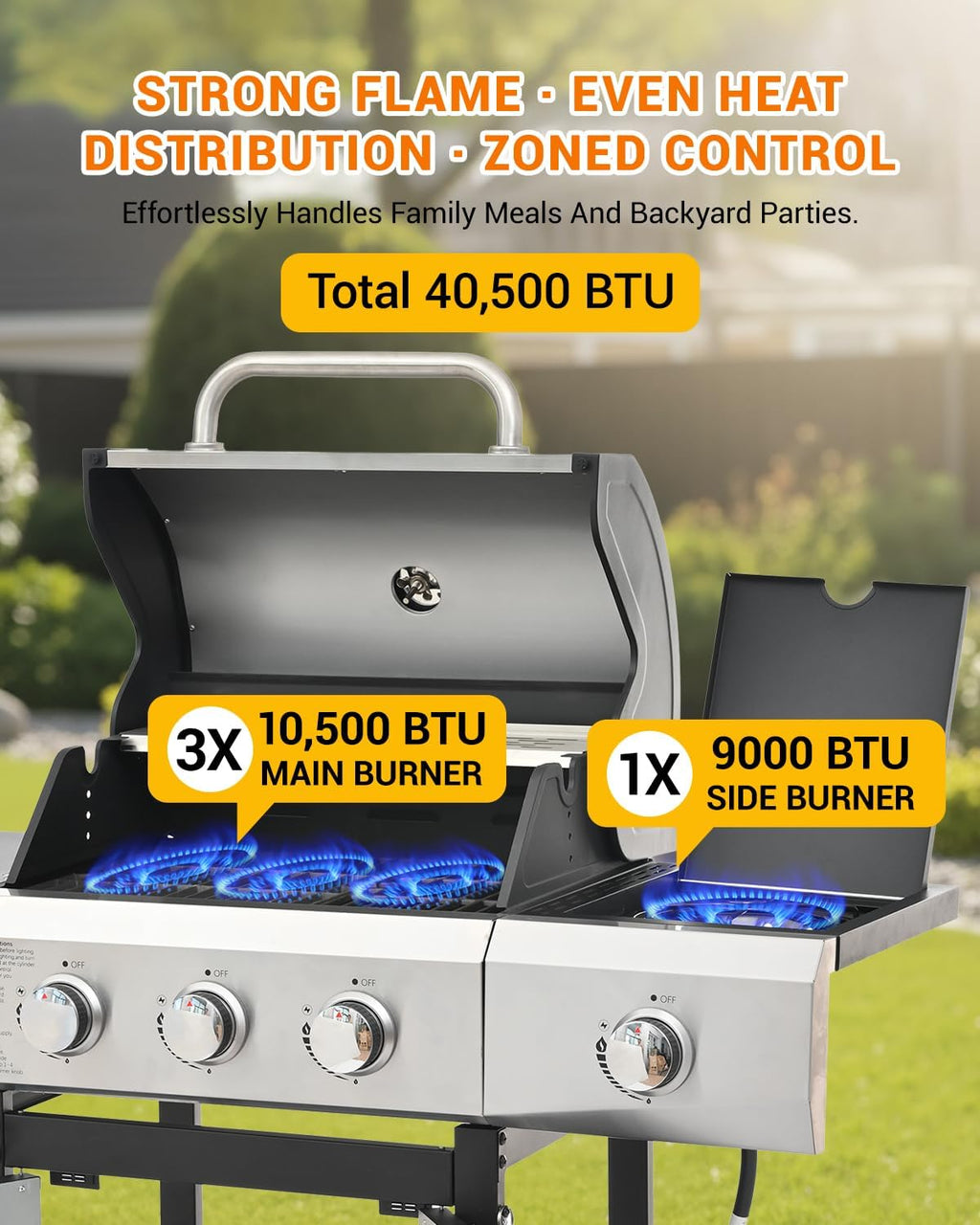 EUHOME 40,500 BTU 3-Burner Propane Gas Grill with Side Burner,Stainless Steel Outdoor BBQ Grill Portable with Wheels and Cast Iron Grates for Patio Garden Barbecue Cooking