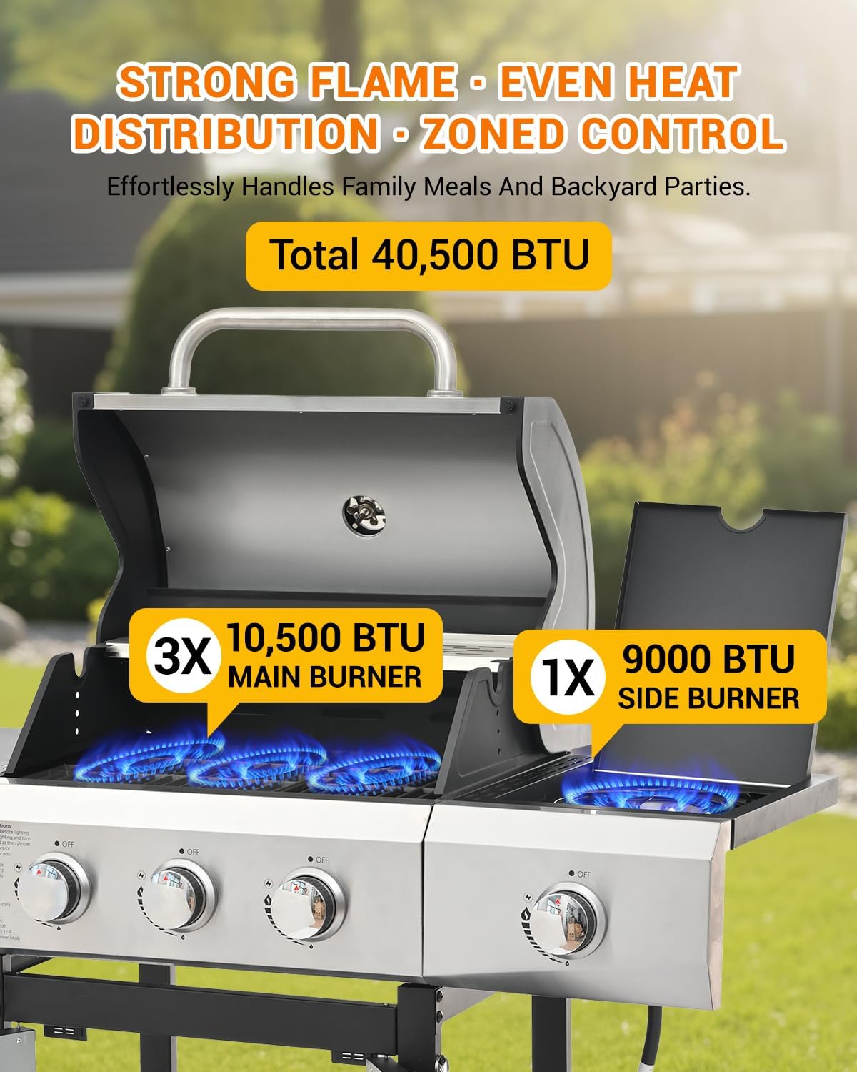 EUHOME 40,500 BTU 3-Burner Propane Gas Grill with Side Burner,Stainless Steel Outdoor BBQ Grill Portable with Wheels and Cast Iron Grates for Patio Garden Barbecue Cooking