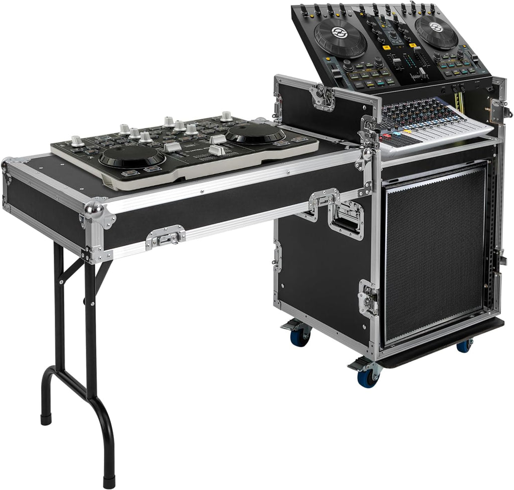 12U Mobile PA DJ Rack Road Case, Network & Stereo Rack with DJ Mixer Tops, Heavy-Duty 2-Tier Studio Equipment Cabinet with 4 Wheels, Amplifier Mixer Storage Stand for Live Sound, KTV, Home Theater