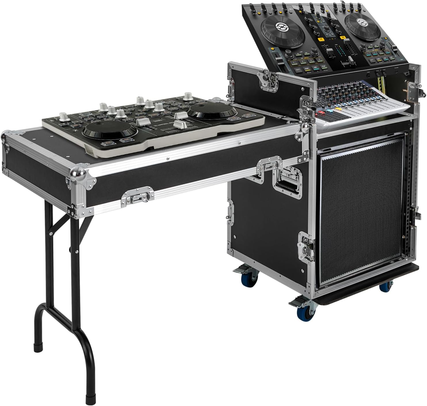12U Mobile PA DJ Rack Road Case, Network & Stereo Rack with DJ Mixer Tops, Heavy-Duty 2-Tier Studio Equipment Cabinet with 4 Wheels, Amplifier Mixer Storage Stand for Live Sound, KTV, Home Theater