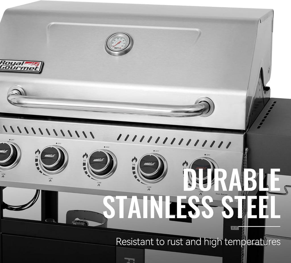Royal Gourmet GA5406TS 5 Burner Propane Gas Grill with Side Burner and Sear Burner, Cart Style Gas BBQ Grill with Porcelain-Enameled Cast Iron Grates for Backyard Cooking, Silver & Black