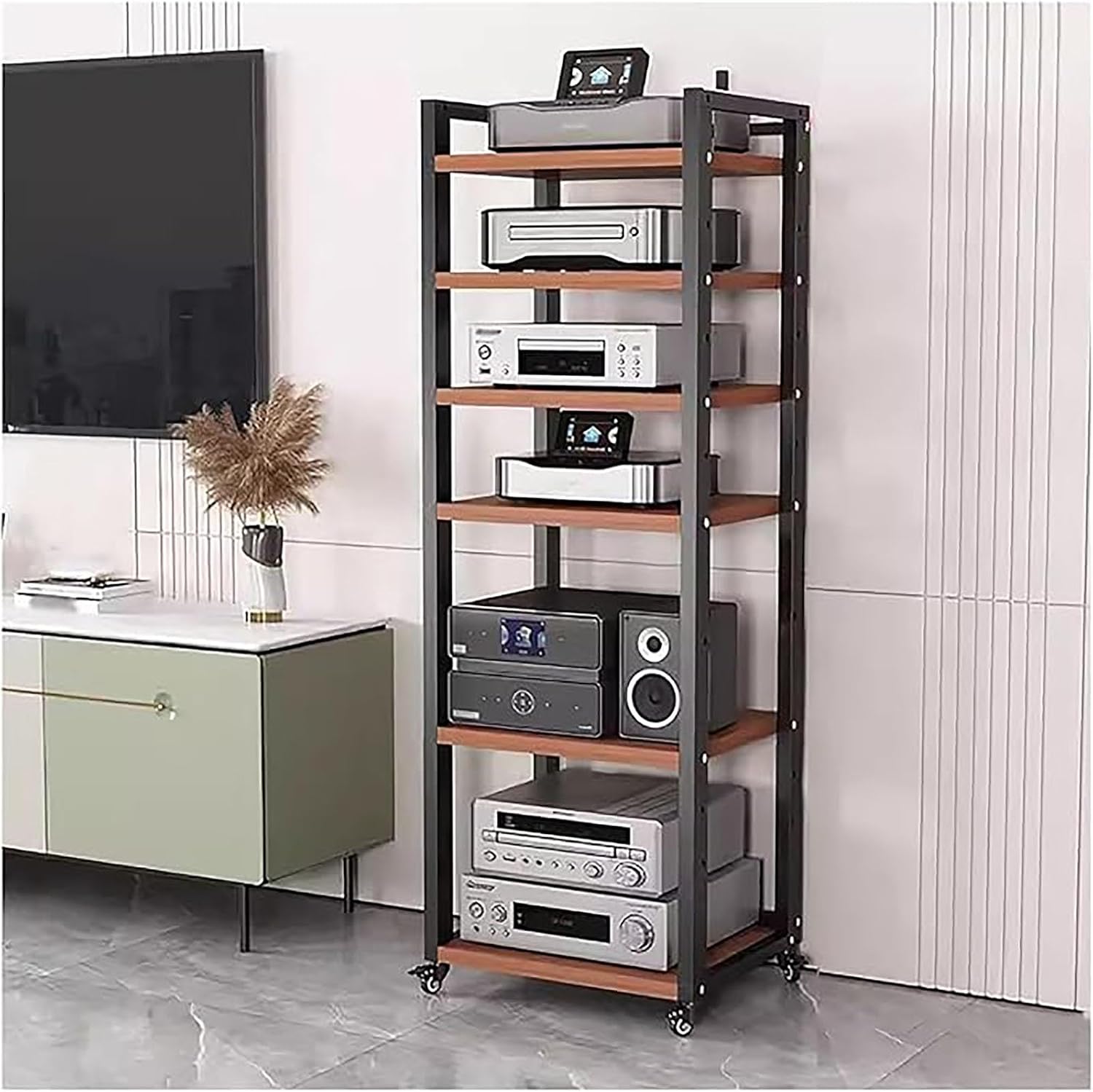 Audio Rack Av Tower Media Stand 5-tier Electronics Equipment Shelf, 6 7 8 Shelf Tall Rolling Stereo Cabinet Racks With Wheels & Height-Adjustable Shelf For Amplifiers/Players/TV, Black-c-6-Tiers