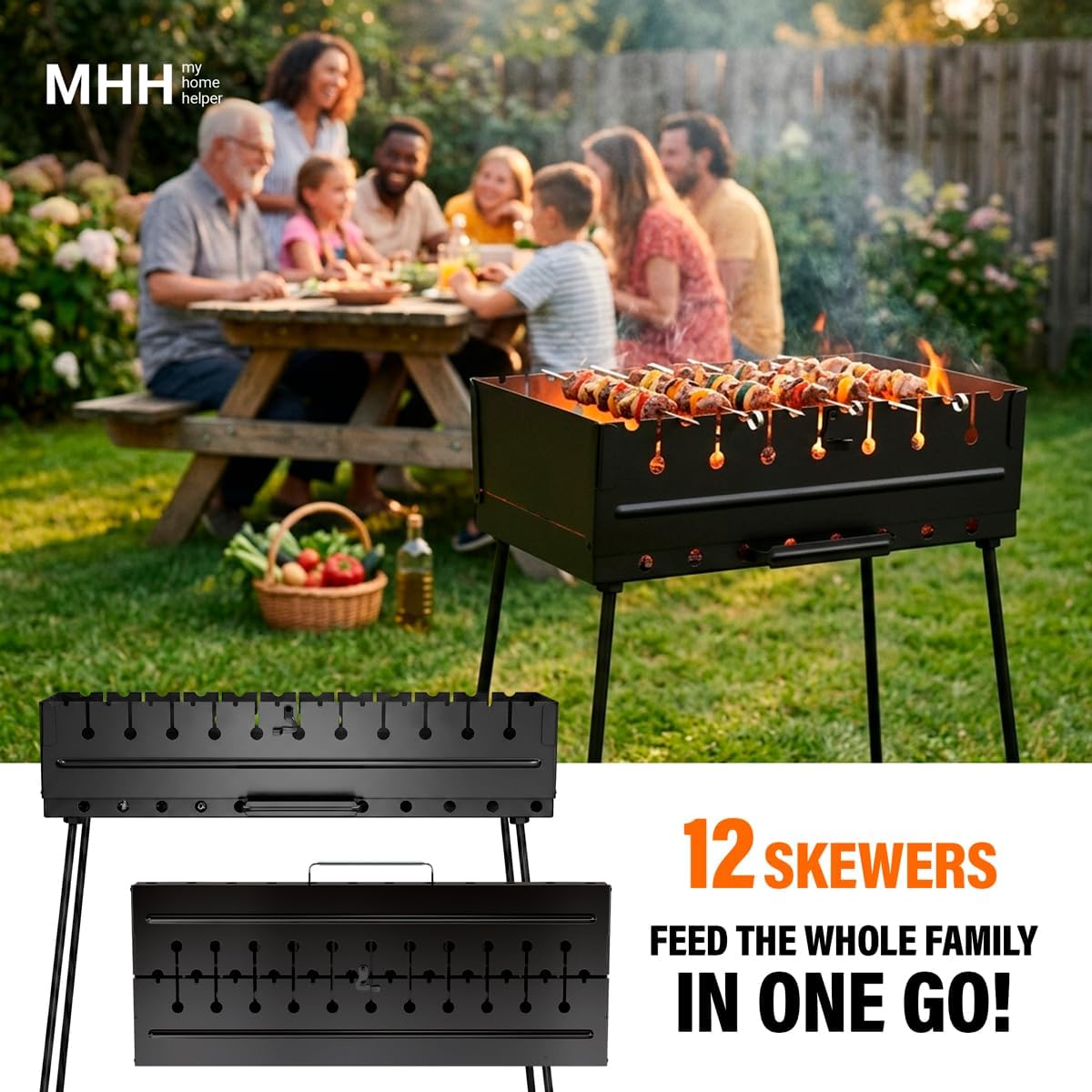 Charcoal Grill for 12 Skewers - Portable BBQ Mangal - Foldable Metal Grill for Shashlik, Kebab, Picnic, Outdoor Cooking (Skewers Not Included)