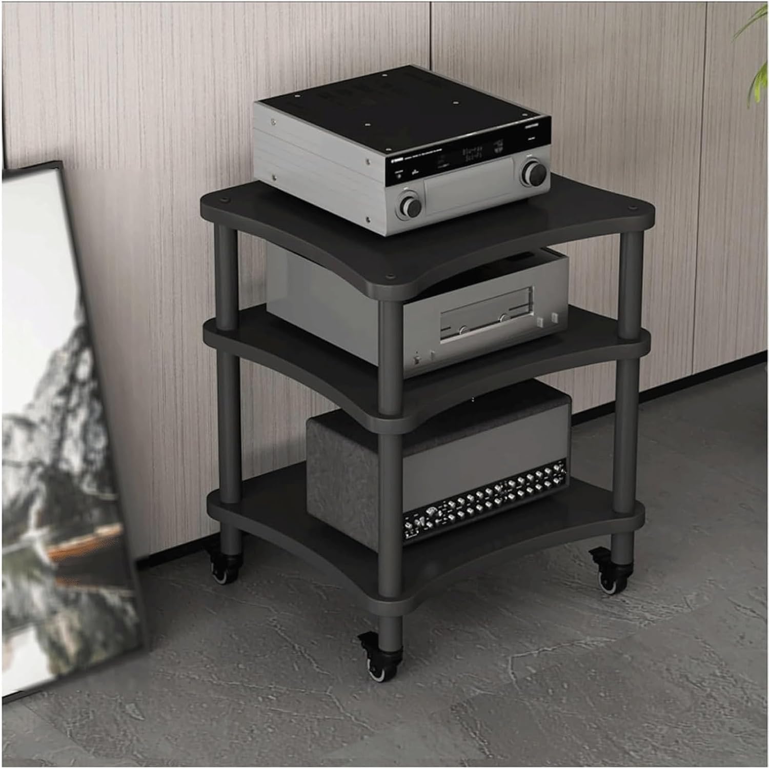 Audio Rack Stereo Rack Mobile Audio Equipment Rack Wooden Audio Rack Cabinet HiFi Rack with Wheels Audio Component Rack Durable(Nero,3 Tier)