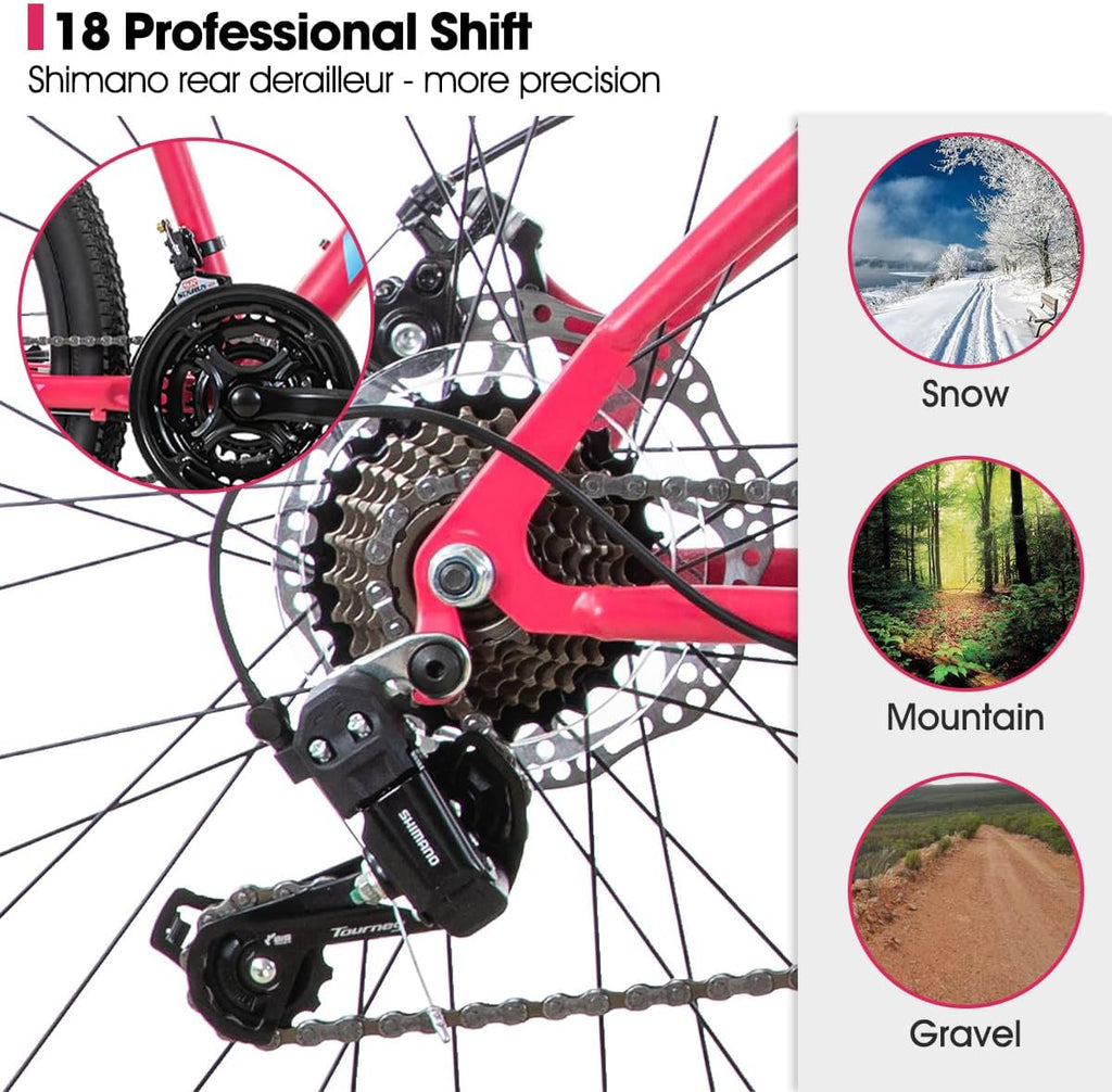 Hiland 26 Inch Womens Mountain Bike, with Step-Through Frame, 18 Speeds, Suspension Fork MTB, Bicycle for Women Men Adult