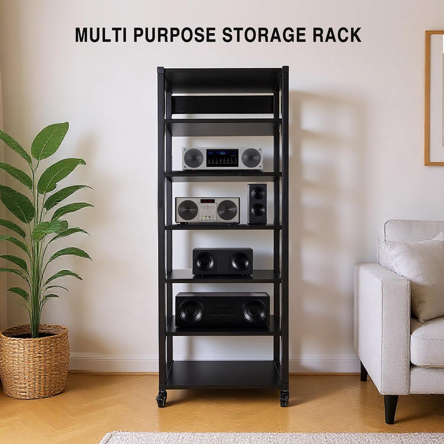 7-Tier Audio Rack Tower, Heavy Duty HiFi Amplifier Stand, Adjustable AV Media Component Cabinet with Wheel, Stereo Receiver & CD Player Display Rack for Home Theater Equipment