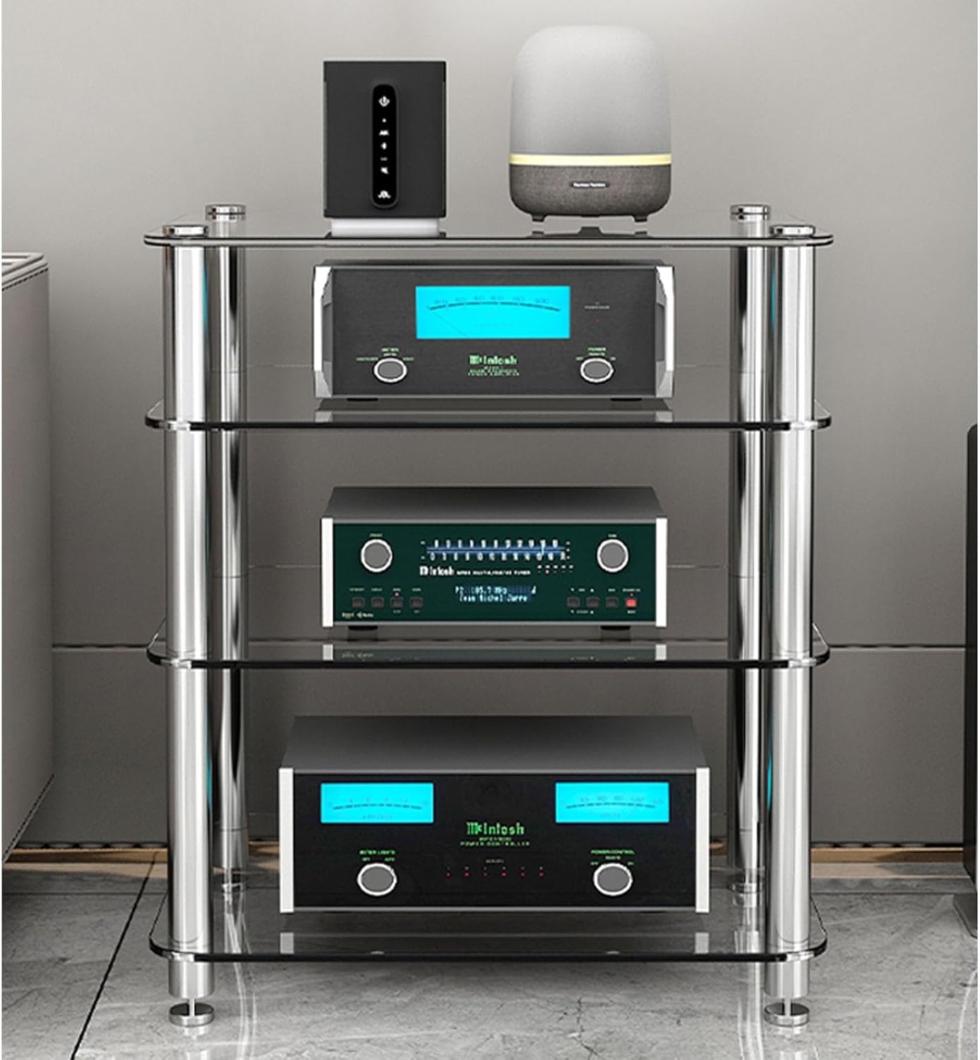 1/2/3/4-Tier Stereo Rack AV Media Stand with Tempered Glass Shelves, Audio Rack Tower AV Equipment Cabinet CD Record Player Stereo Receiver Display Stand(Amber Glass,1 Tier)