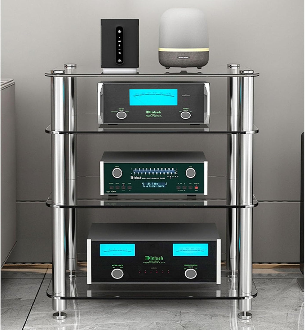 1/2/3/4-Tier Stereo Rack AV Media Stand with Tempered Glass Shelves, Audio Rack Tower AV Equipment Cabinet CD Record Player Stereo Receiver Display Stand(Amber Glass,2 Tier)