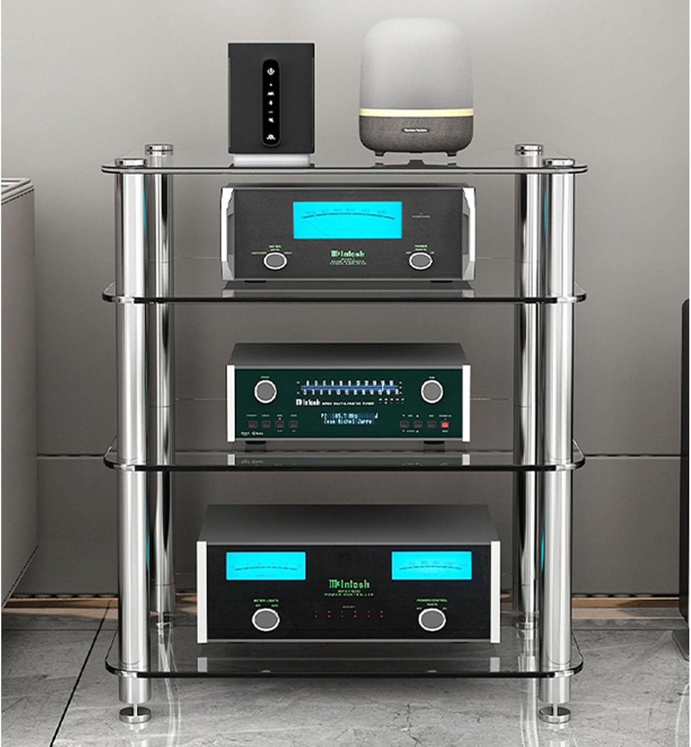 1/2/3/4-Tier Stereo Rack AV Media Stand with Tempered Glass Shelves, Audio Rack Tower AV Equipment Cabinet CD Record Player Stereo Receiver Display Stand(Amber Glass,2 Tier)
