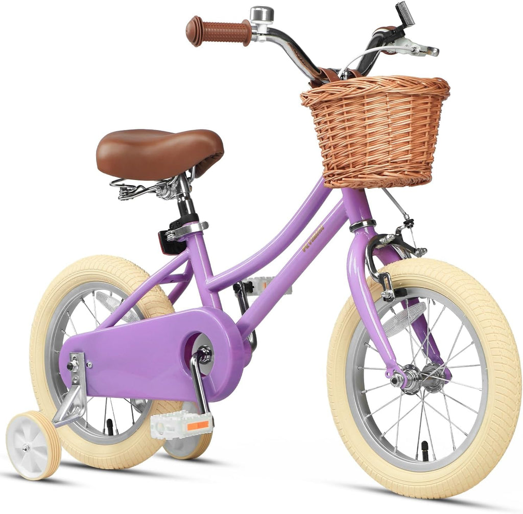 Petimini Vintage Kids Bike for Girls, 12–20 Inch Classic Bicycle with Wicker Basket & Bell, High Tensile Steel Frame, Training Wheels (12–18'), 85% Pre-Assembled, Retro Bike for Outdoor Riding
