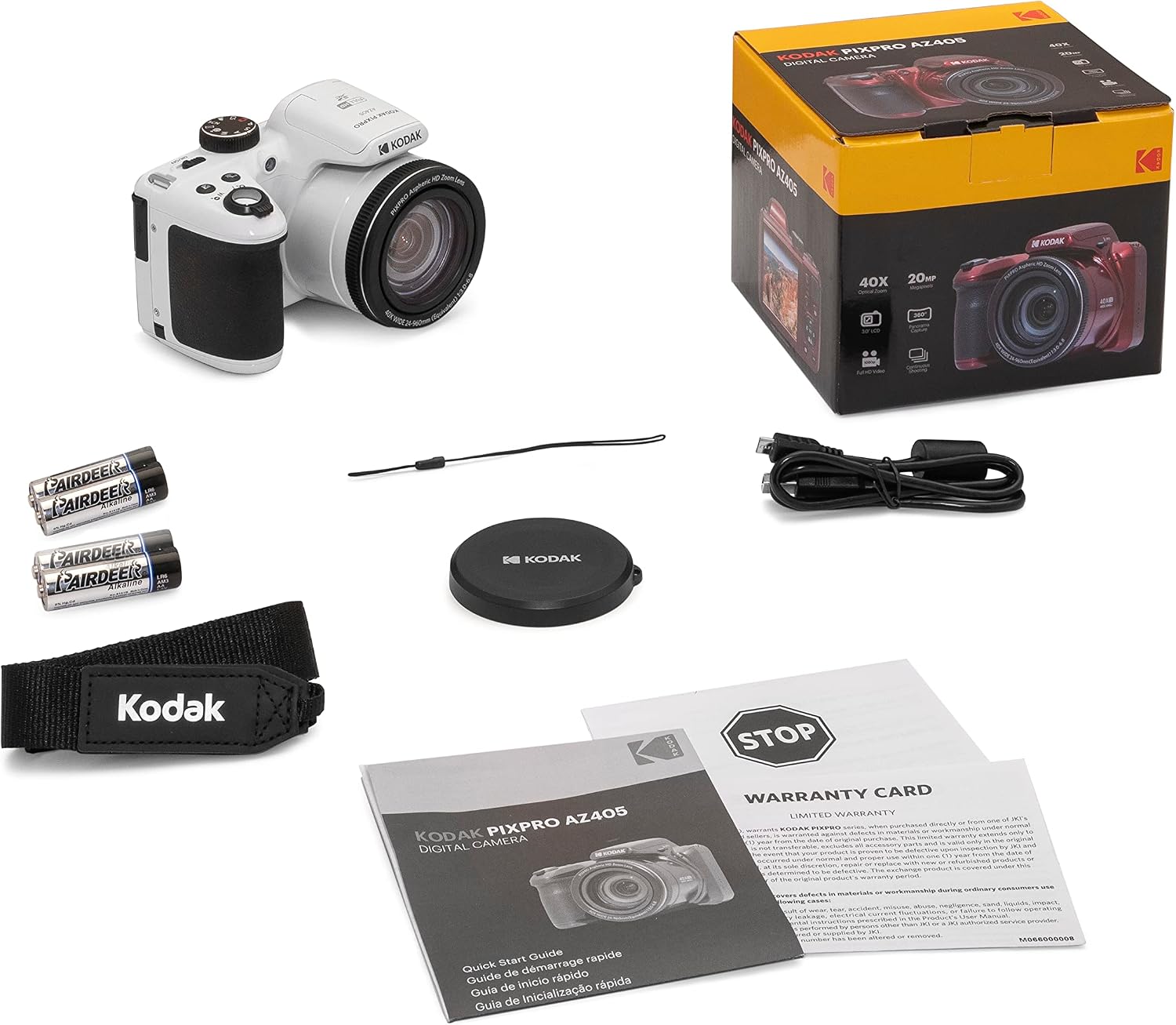 Kodak PIXPRO AZ405-WH 20MP Digital Camera 40X Optical Zoom 24mm Wide Angle Lens Optical Image Stabilization 1080P Full HD Video 3' LCD Vlogging Camera (White), Full Frame
