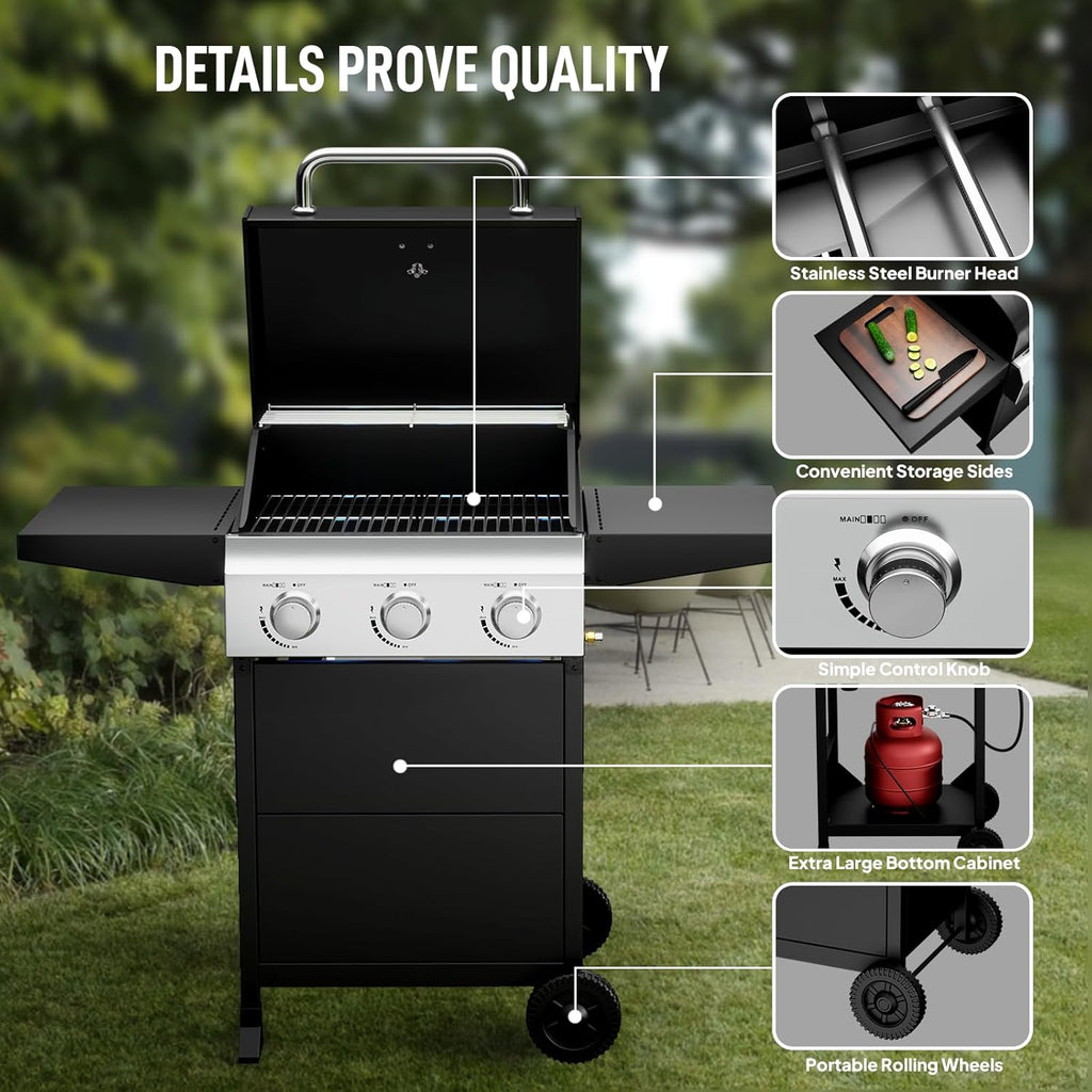 Bonnlo 3 Burners Portable Gas Grill with Enameled Cast Iron Grates, Powerful 36,000 BTU Propane Grill with Side Shelf & Bottom Cabinet, Outdoor Grill with Wheels for Patio Backyard Garden BBQ Use