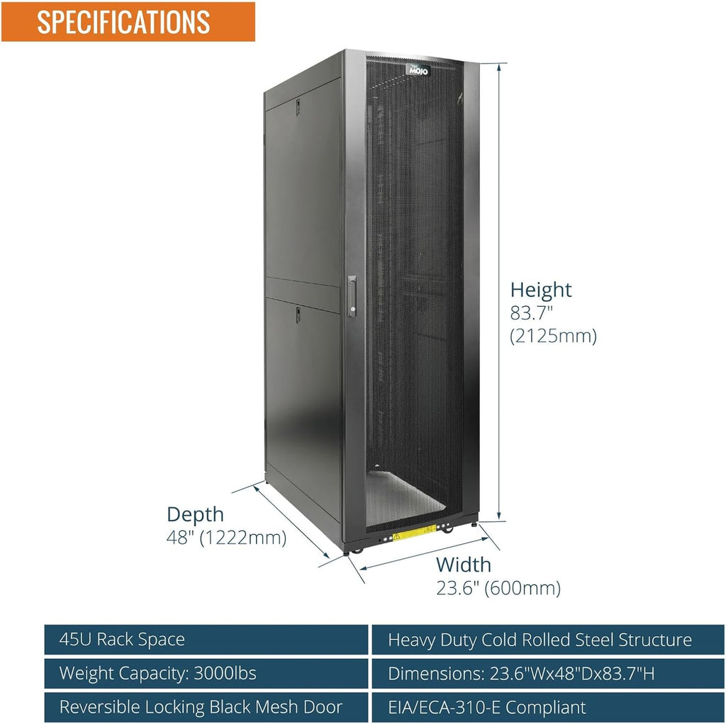 Tecmojo 45U Server Rack Cabinet - PRE-Assembled 24inch Width 48inch Depth IT Network Equipment Cabinet Rack Enclosure with Casters - 3000lbs Weight Capacity(06Black)