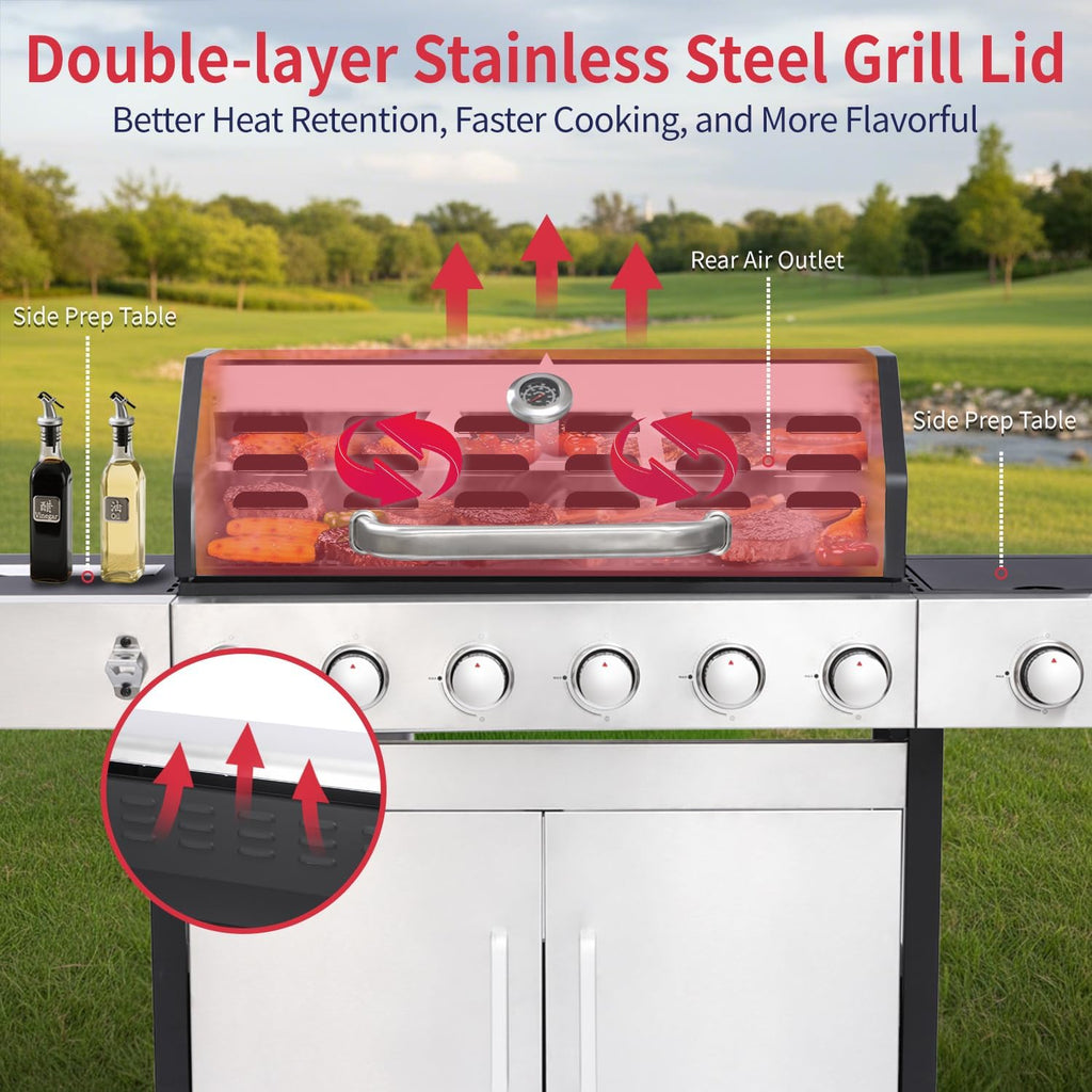 69,000 BTU 6+1 Burner Propane Gas Grill with Cast Iron Grids & Griddle Plate, Double-Wall Stainless Steel Lid – Even Heat, Easy Clean, Perfect for Backyard BBQ