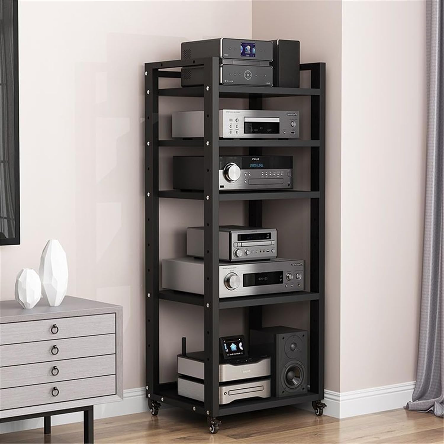 Audio Equipment Rolling Cart 5/6/7/8 Tier, Media Storage Shelf for Radio, Audio-Video Shelving AV Media Stand Adjustable Audio Rack Tower Holder for Home Office Theater,Black,5 Tier W 19.6″