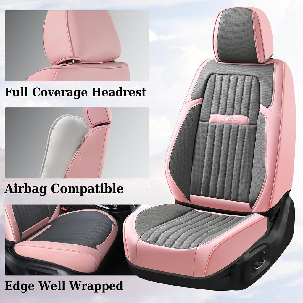 Coverado Car Seat Covers Front, Seat Covers for Cars, Waterproof 2-Pack Car Seat Cushions, Leather Carseat Seat Protectors, Universal Seat Covers Fit for Most Sedans SUV Pick-up Trucks(Pink&Grey)