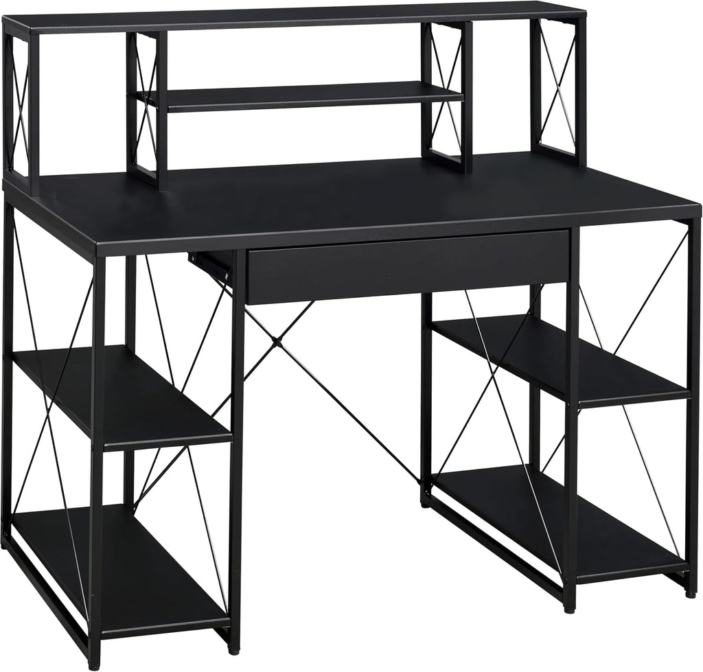AMNOOL Office Desk with Open Shelves - Stylish Wood Recording Studio Workstation with Drawer and Compartments for Audio Equipment, Cables, and Accessories (Black)