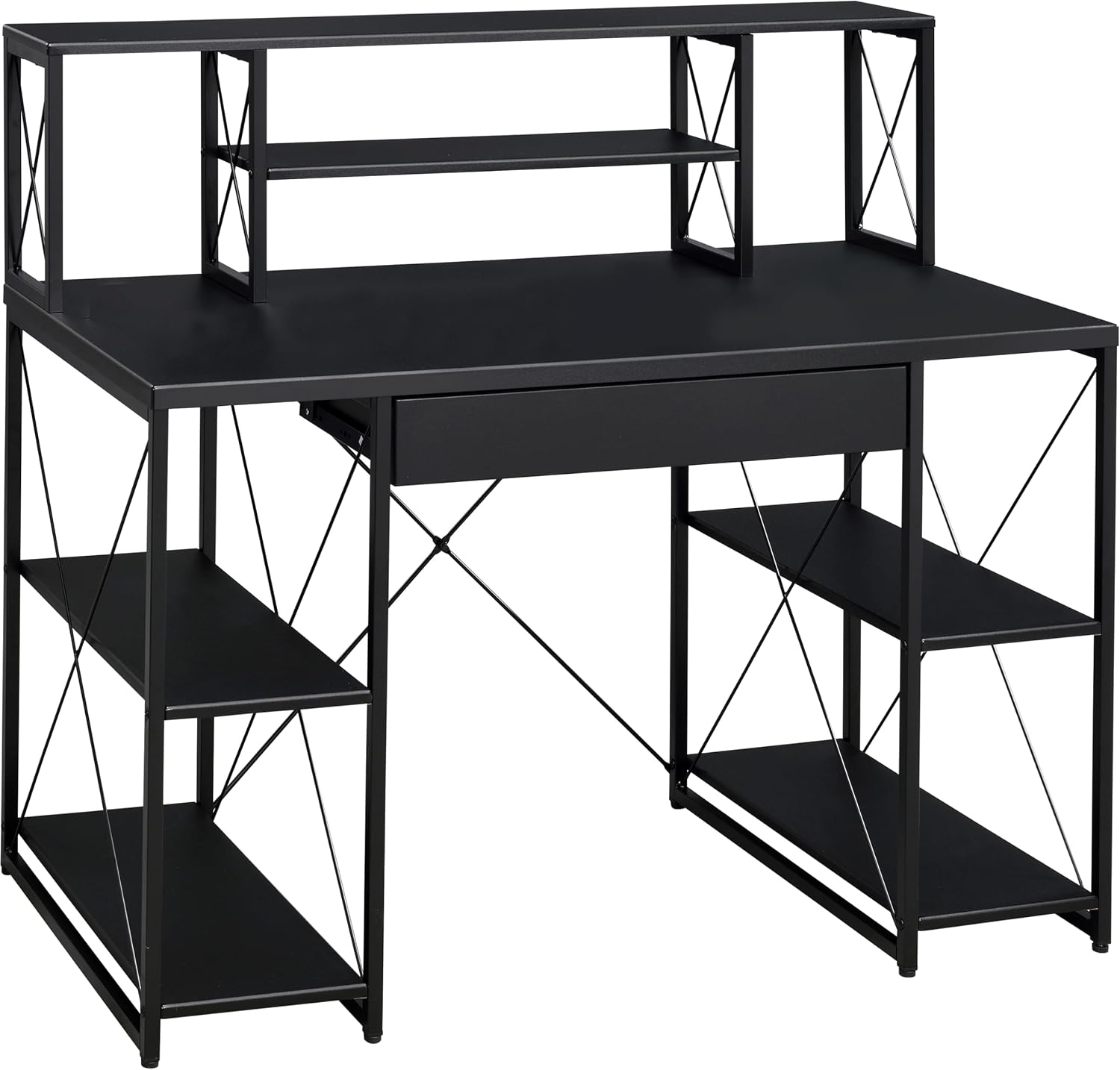 AMNOOL Office Desk with Open Shelves - Stylish Wood Recording Studio Workstation with Drawer and Compartments for Audio Equipment, Cables, and Accessories (Black)