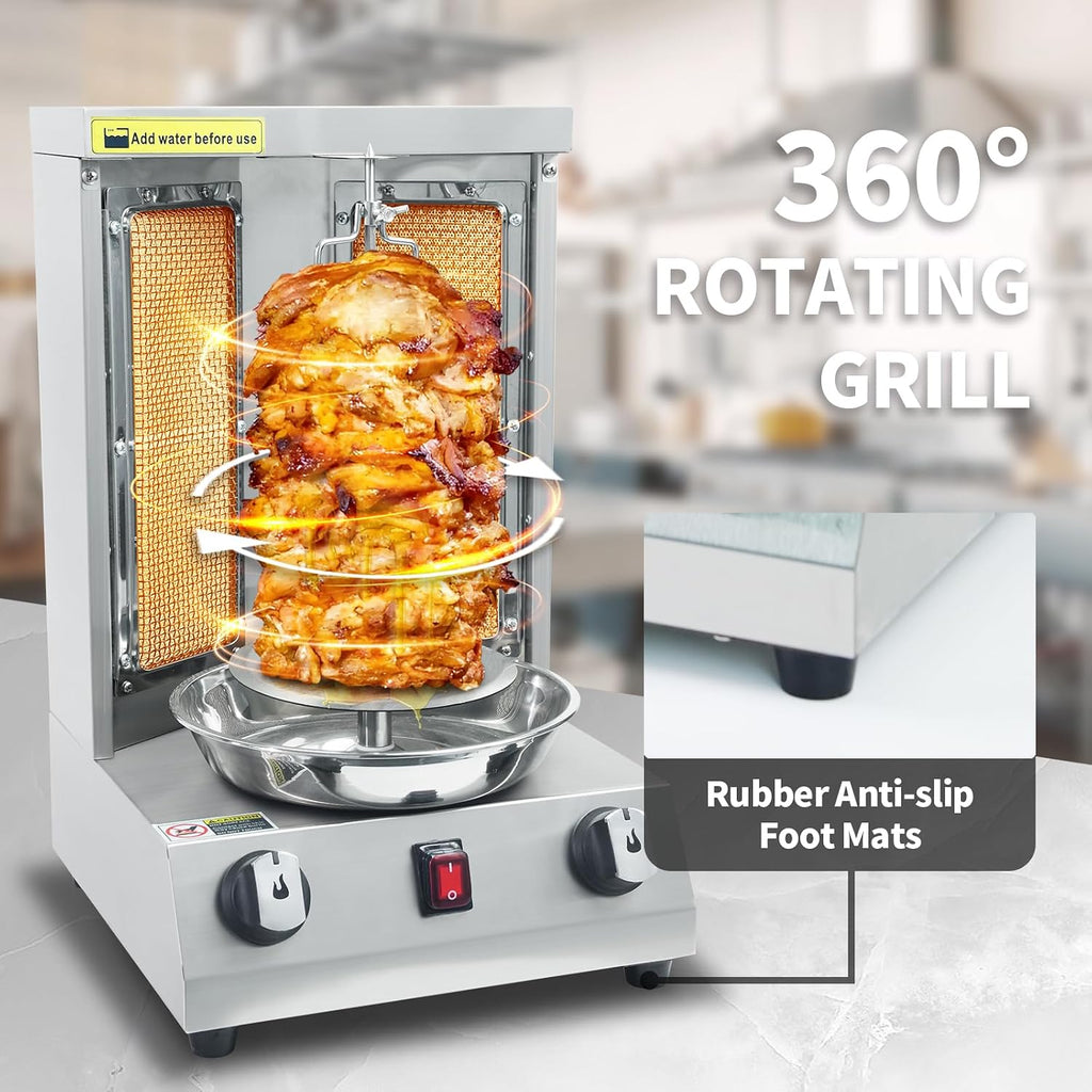 Shawarma Grill Machine Gas Vertical Rotisserie with 2 Burners, Propane Doner Kebab Oven 13 lbs Capacity, Gyro Meat Broiler Machine with Shovel, 110V
