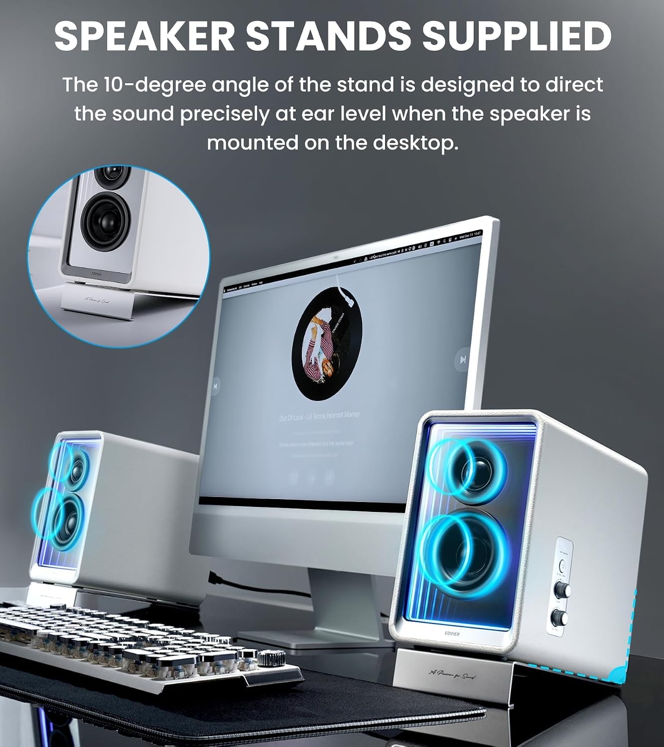Edifier QR65 Desktop Active Monitor with 2.75' Long-Throw Aluminum Diaphragm mid-Low Drivers, Hi-Res Audio, Brilliant Light Effects, 70W Output Power Bluetooth Speakers with Stands - White