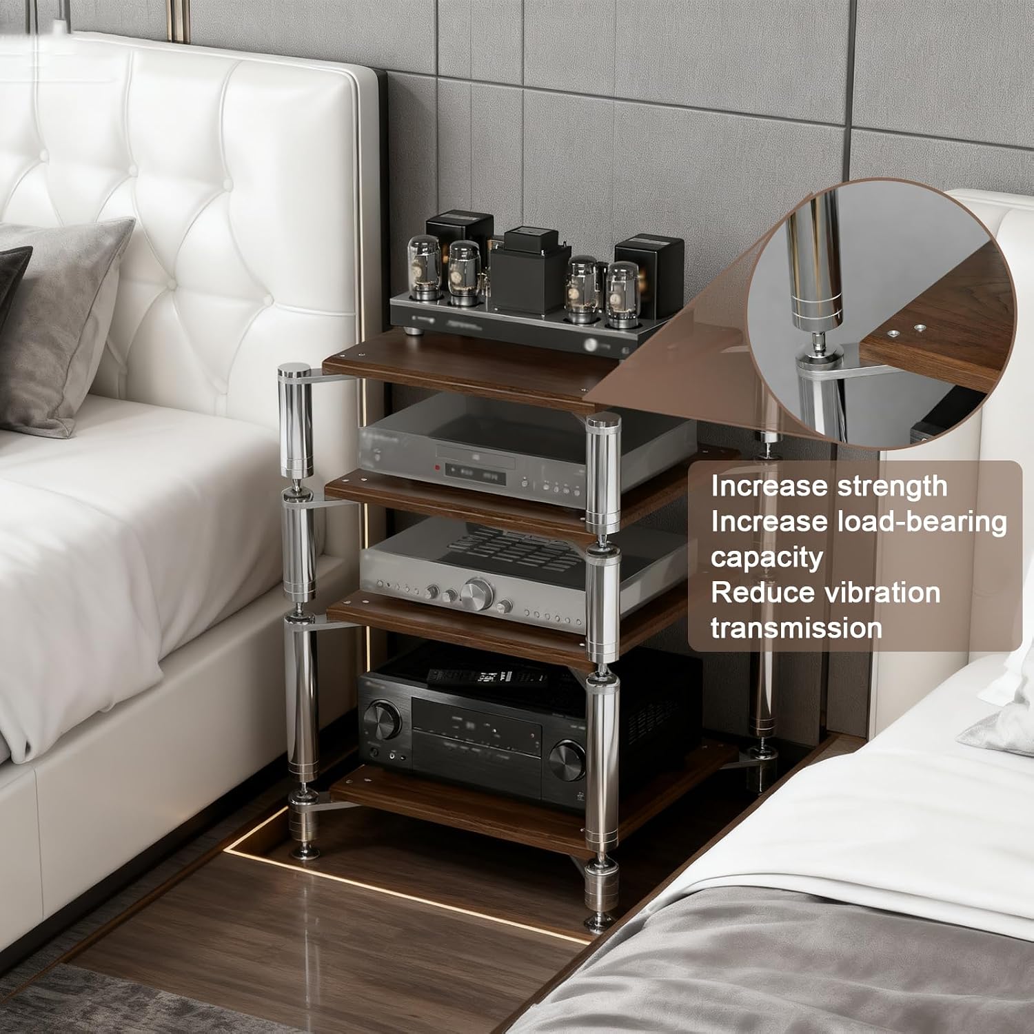 4-Tier AV Media Stand, Heavy Duty Audio Rack with Shock-Absorbing Foot pegs, Open Design av Stand, Multi-Layer Stereo Equipment Rack for Home, Office, Theater (Walnut, 4-Tiers)
