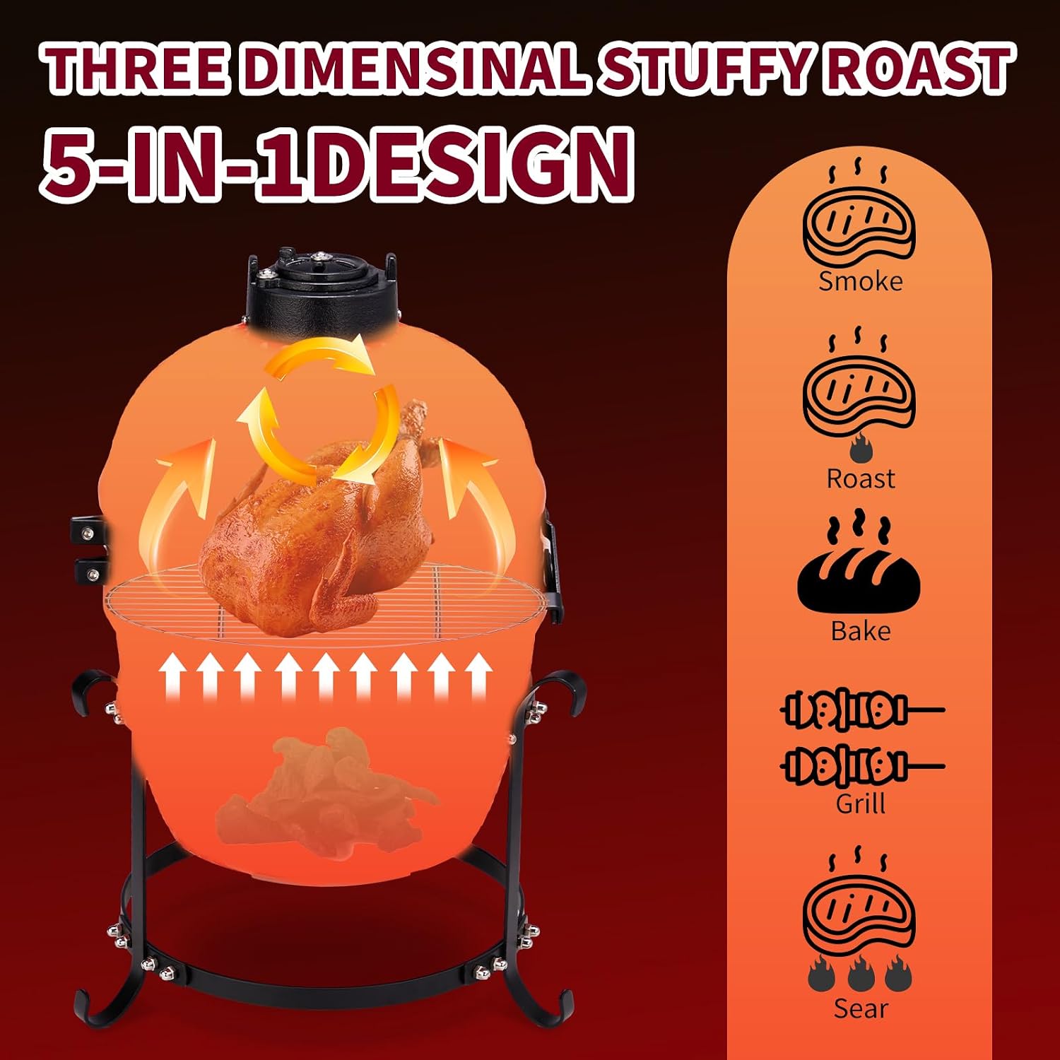 Outvita 13' Round Kamado Charcoal Grill, Portable Ceramic Barbecue Grill with Thermometer for Variations on Cooking Methods(Red)
