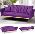 70' Velvet Futon Sofa Bed with 2 Pillows and Adjustable Armrests, Convertible Sleeper Bed W/Adjustable Backrests, Modern Loveseat for Living Room, Bedroom, Purpel