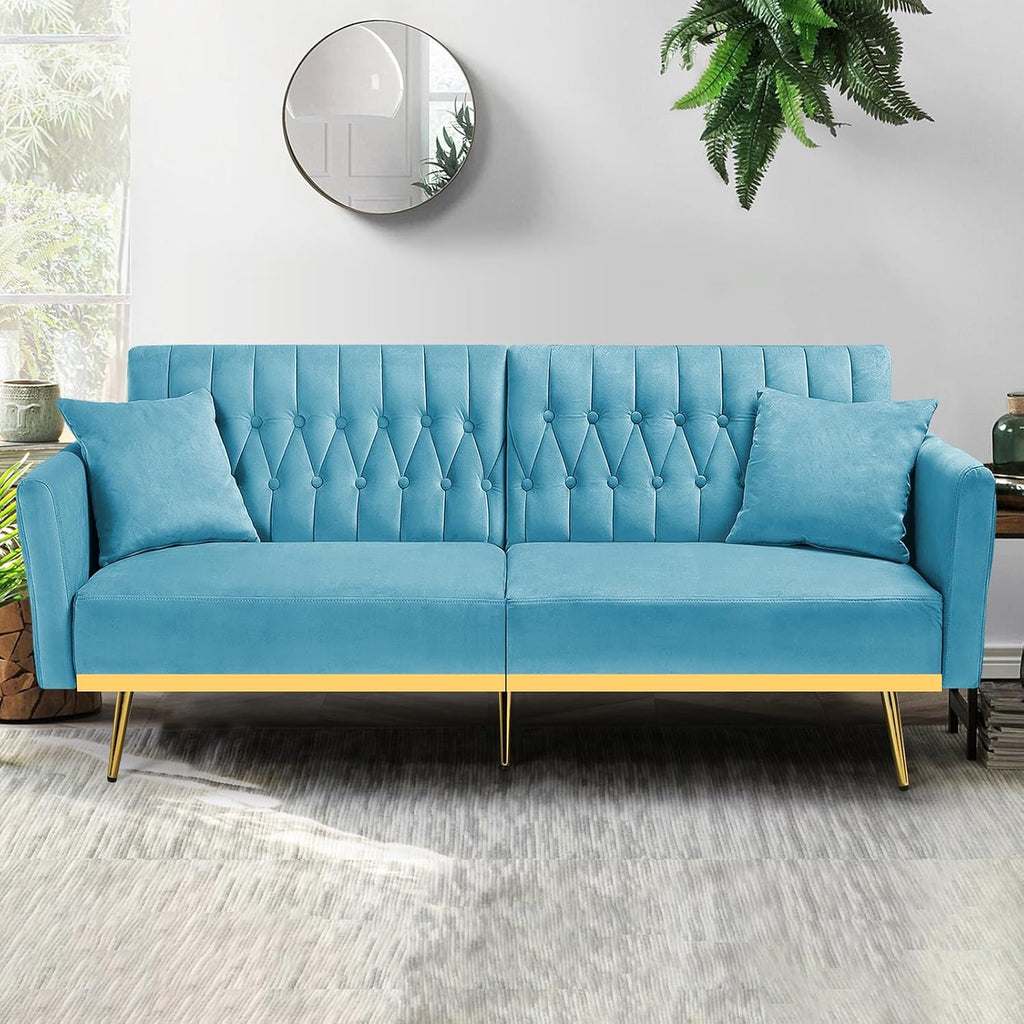 70' Velvet Futon Sofa Bed with 2 Pillows and Adjustable Armrests, Convertible Sleeper Bed W/Adjustable Backrests, Modern Loveseat for Living Room, Bedroom, Baby Blue
