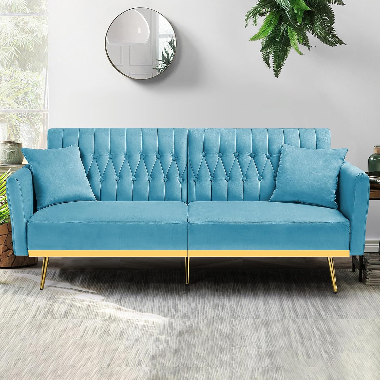 70' Velvet Futon Sofa Bed with 2 Pillows and Adjustable Armrests, Convertible Sleeper Bed W/Adjustable Backrests, Modern Loveseat for Living Room, Bedroom, Baby Blue