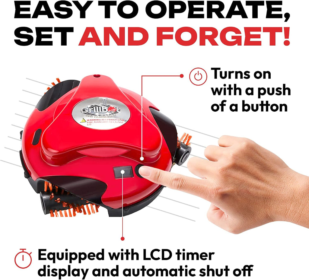 Grillbot Automatic Grill Cleaning Robot with Nylon Brushes, Electric BBQ Cleaner Brush with Motorized Power, Cordless Rechargeable Grill Scrubber for Outdoor Grills (Red)