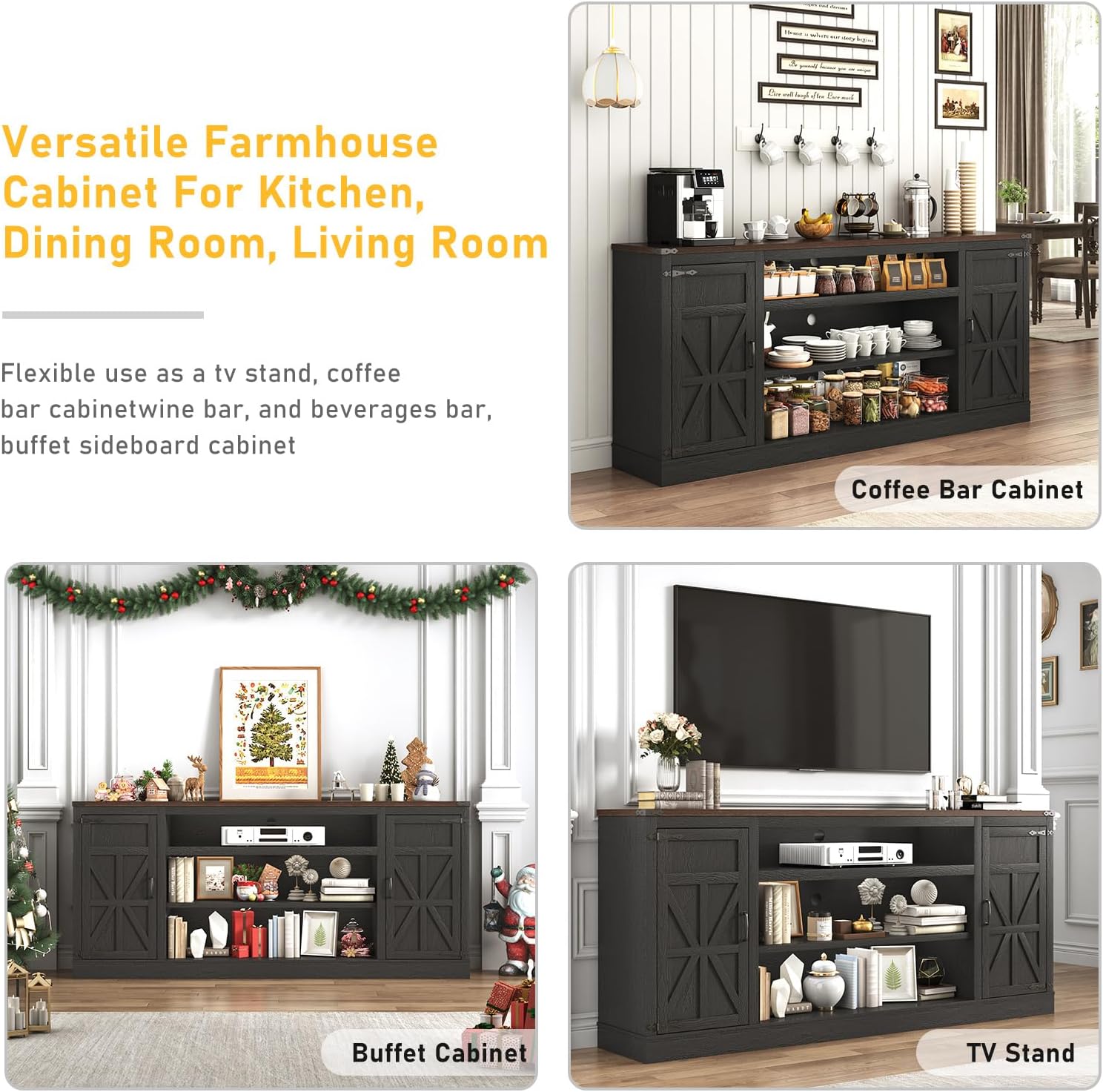 Hlivelood 75' Farmhouse TV Stand with Power Outlets for 85 Inch TVs, 33' Tall Entertainment Center with Storage Cabinets w/Adjustable Shelves, Rustic Large TV Media Console, Black