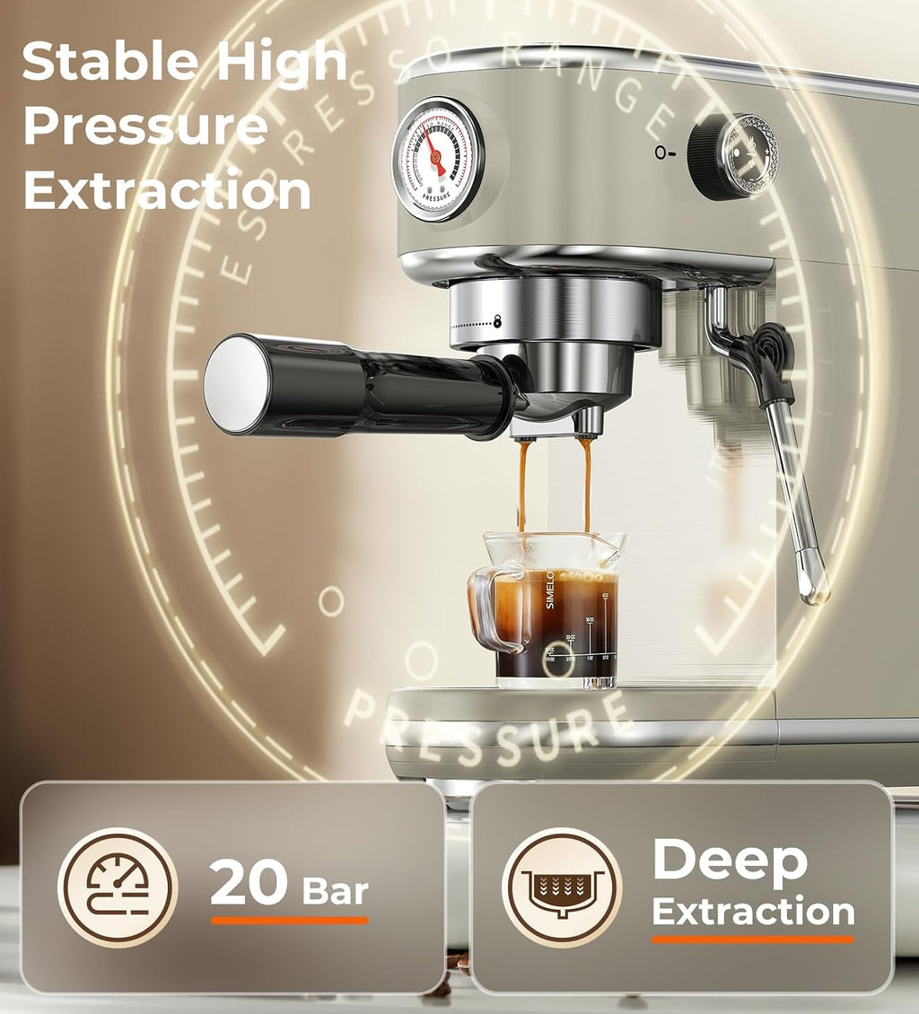 atatix 20 Bar Espresso Machine with Milk Frother, Compact Espresso Maker, Stainless Steel Coffee Machine with Precise Temp Control & 44oz Removable Water Tank for Latte, Cappuccino, Light Grey
