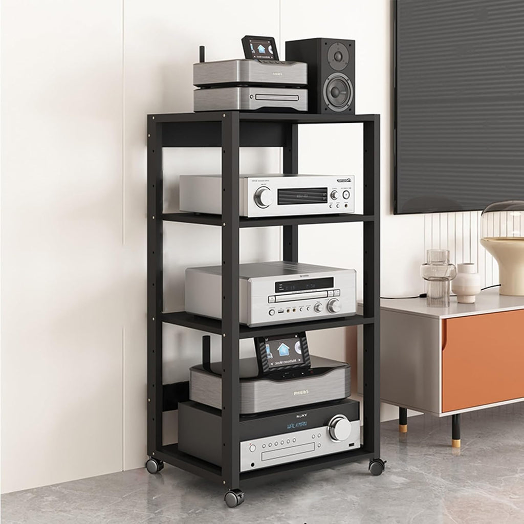 Audio Rack Av Tower Media Stand 5 6 7 Tier Electronics Equipment Shelf, Black Movable Record Player DVD Holder, Entertainment Video Game Console Cabinet Shelf(110cm/43.3in high(4 Tier))
