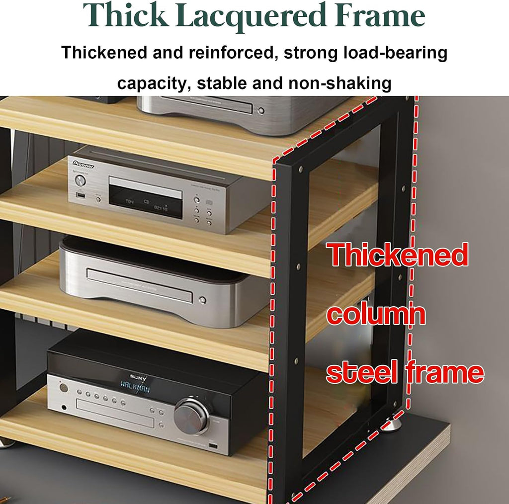 Movable AV Media Stand with Wooden Shelves - Portable 2-Tier Stereo Cabinet for Desktop & Corner, Walnut Finish, Ideal for Video & Audio Equipment Storage