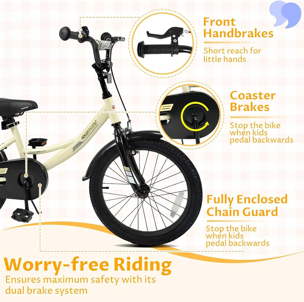 COSTWAY Kids Bike, 18 Inch Toddler Bicycle with Removable Training Wheels, Dual Brakes, Adjustable Seat & Handlebar Height, Girls & Boys Bikes for 3-8 Years Old (Beige,18 Inch with Kickstand)